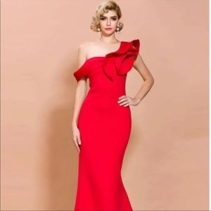 Asymmetrical neck ruffle dress floor length